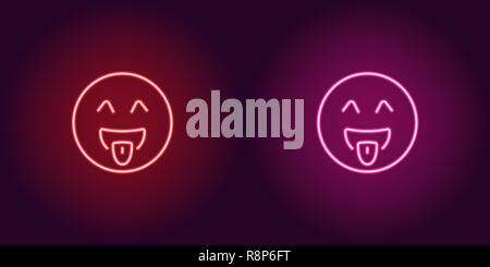 Neon illustration of teasing emoji. Vector icon of cartoon teasing emoji with tongue and winking eyes in outline neon style, red and pink colors. Glow Stock Vector