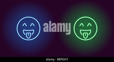 Neon illustration of teasing emoji. Vector icon of cartoon teasing emoji with tongue and winking eyes in outline neon style, blue and green colors. Gl Stock Vector