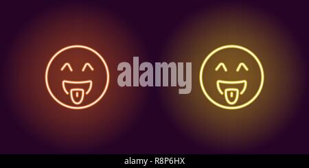 Neon illustration of teasing emoji. Vector icon of cartoon teasing emoji with tongue and winking eyes in outline neon style, orange and yellow colors. Stock Vector