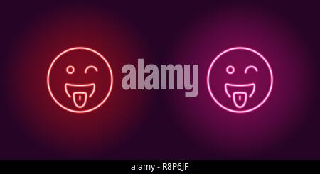 Neon illustration of teasing emoji. Vector icon of cartoon teasing emoji with tongue and squinting face in outline neon style, red and pink colors. Gl Stock Vector