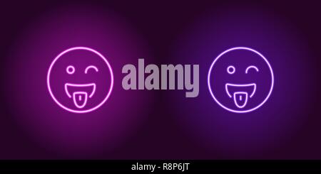 Neon illustration of teasing emoji. Vector icon of cartoon teasing emoji with tongue and squinting face in outline neon style, purple and violet color Stock Vector