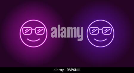 Neon illustration of cool emoji. Vector icon of cartoon smiling emoji with sunglasses in outline neon style, purple and violet colors. Glowing emotico Stock Vector