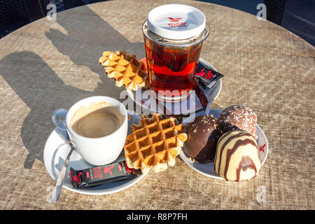 Coffee, tea and chocolates in cafe, Groenplaats, Antwerp (Antwerpen), Antwerp Province, The Flemish Region, Belgium Stock Photo