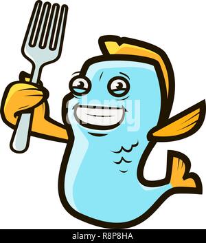 Funny fish holding fork. Seafood logo, label. Cartoon vector illustration Stock Vector