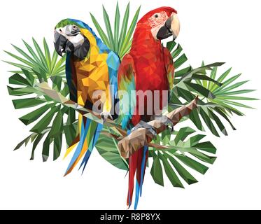 Illustration polygonal drawing of green wing and blue and gold macaw birds with tropical leaf. Stock Vector