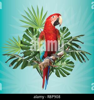 Illustration polygonal drawing of green wing macaw bird with tropical leaf. Stock Vector