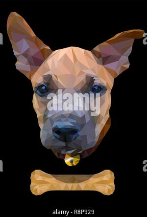 3D Illustration polygonal drawing of thai ridgeback puppy with bone in black background. Stock Vector