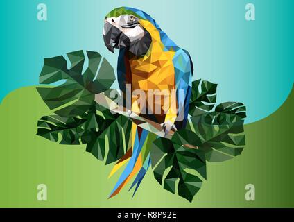 Illustration polygonal drawing of macaw bird and tropical leaf. Stock Vector