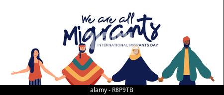 International Migrants Day web banner illustration, diverse people group of different cultures together for global migration, immigration or refugee h Stock Vector