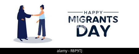 International Migrants Day web banner illustration, two women friends from different cultures greeting for welcome to a new country, global migration, Stock Vector