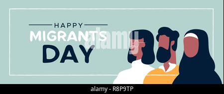 International Migrants Day web banner illustration, diverse people group of different cultures together for ethnic diversity, global migration or refu Stock Vector