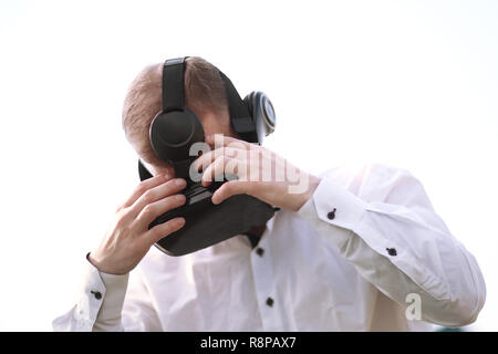 close up.the guy in the virtual reality glasses Stock Photo