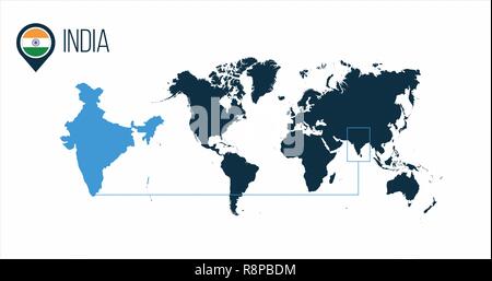India location modern vector map for infographics. All world countries without names. round flag in the map pin. vector illustration on stripped backg Stock Vector