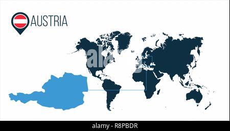 Austria location modern vector map for infographics. All world countries without names. Austria round flag in the map pin or marker. vector illustrati Stock Vector