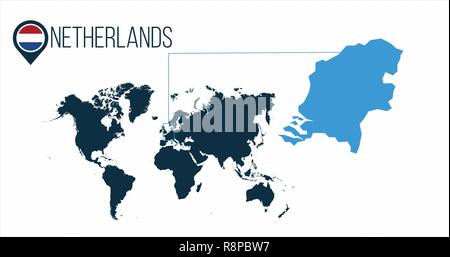 Netherlands location on the world map for infographics. All world countries without names. Netherlands round flag in the map pin or marker. vector ill Stock Vector