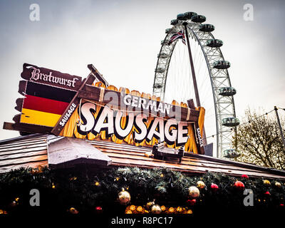 German Sausage food stall at Southbank Winter Market, London, UK. Stock Photo