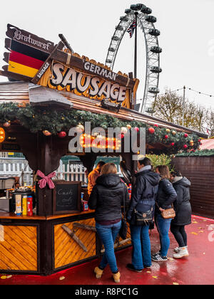 German Sausage food stall at Southbank Winter Market, London, UK. Stock Photo