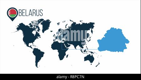 Belarus location on the world map for infographics. All world countries without names. Belarus round flag in the map pin or marker. vector illustratio Stock Vector