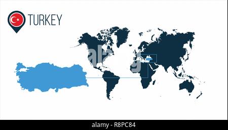 Turkey location on the world map for infographics. All world countries without names. Turkey round flag in the map pin or marker. vector illustration  Stock Vector