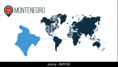 Montenegro location on the world map for infographics. All world countries without names.Montenegro round flag in the map pin or marker. vector illust Stock Vector