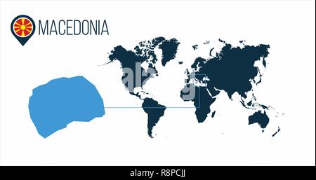 Macedonia location on the world map for infographics. All world countries without names. Macedonia round flag in the map pin or marker. vector illustr Stock Vector