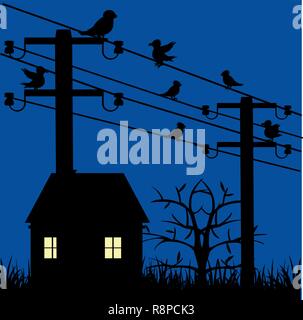 Night landscape with house and electric pole with bird Stock Vector