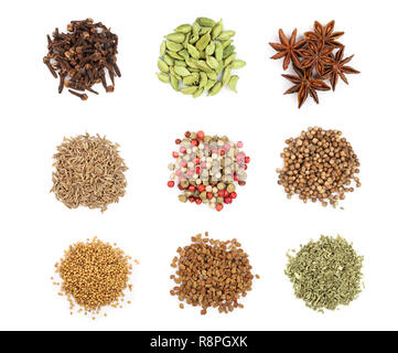 mix of spices isolated on a white background. Top view. Flat lay. Set or collection Stock Photo