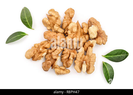 peelled Walnuts with leaves isolated on white background. Top view. Flat lay Stock Photo