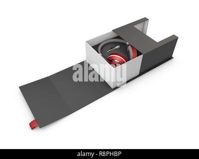 3d Illustaration of Black and silver headphones in white and black box on black background. Mockup. Stock Photo