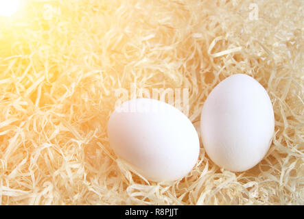 Two eggs laying on hay Stock Photo