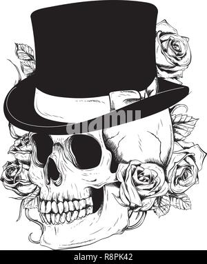 Gentleman s skull. Vintage Skull. Old school tattoo. Skull surrounded by roses with ribbon for your text. Stock Vector
