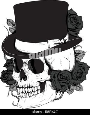 Tattoo of Skull in Gentleman Cylinder Hat isolated on white. Vector ...