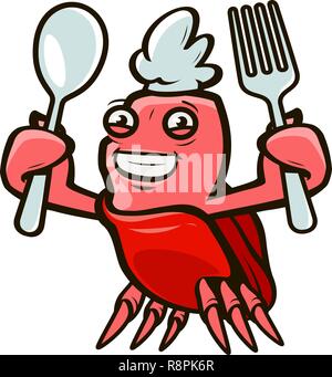 Cute crab holding a fork and a spoon. Seafood, cartoon vector illustration Stock Vector