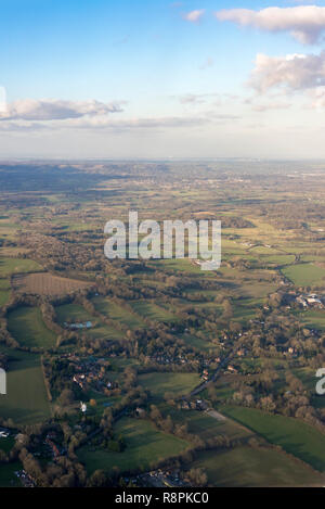 Vertical aerial view across the Surrey countryside. Stock Photo