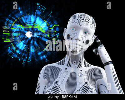 3D rendering of a female robot looking like she is thinking about something using her artificial intelligence. Technology concept.