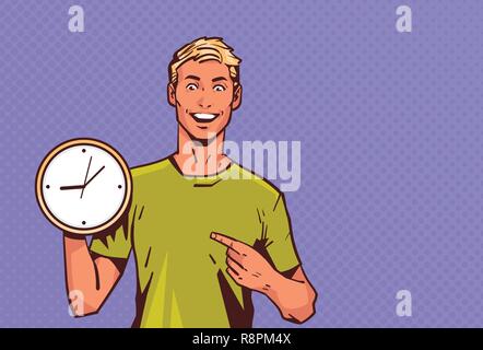 excited man hold clock point finger pop art retro style male happy cartoon character portrait horizontal Stock Vector