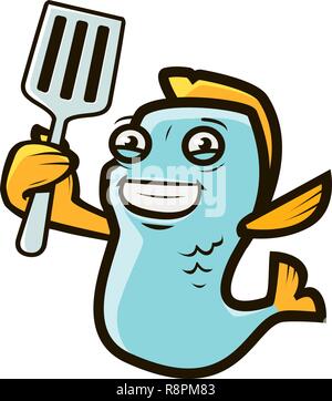 Funny fish holding spatula. Seafood, cooking, food. Cartoon vector illustration Stock Vector