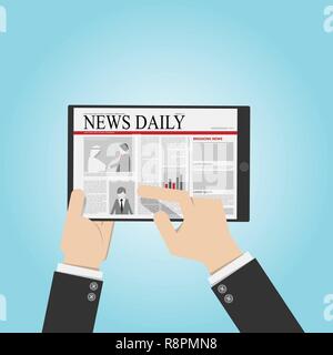 businessman read news daily from tablet, digital reading lifestyle concept. electronic book replace print paper book Stock Vector