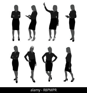 vector set of stand businesswoman silhouette. businesswoman with different action such as using mobile phone , posing , working with tablet Stock Vector