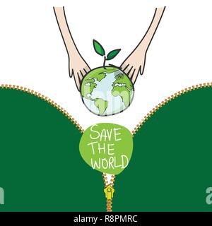 two hands of the children planting green globe and tree for saving environment nature conservation, ecology concept. vector illustration isolated on w Stock Vector