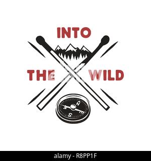Into the Wild - Outdoors Adventure Badge with mountains, compass, matches symbols. Nice for camping enthusiasts, for t-shirt, mug other prints. Stock vector isolated on white Stock Vector