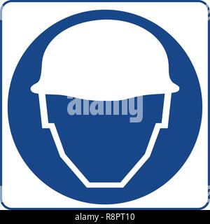 Safety sign. Information mandatory symbol in blue circle isolated on white. Notice label.This Is A Hard Hat Area Safety Helmets Must Be Worn. Stock Vector