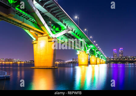 cheongdam bridge or cheongdamdaegyo is han river bridge at night in Seoul, South Korea. Stock Photo