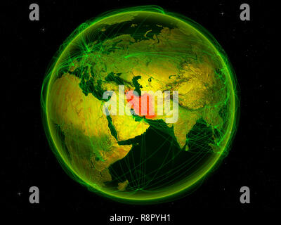 Iran from space on planet Earth with digital network representing international communication, technology and travel. 3D illustration. Elements of thi Stock Photo