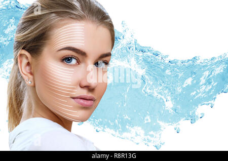 Graphic lines shows facial lifting effect on skin. Stock Photo