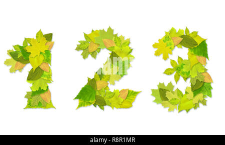 Numbers with a green leaves. Set 1 Stock Photo