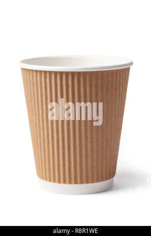 Single cardboard disposable coffee cup isolated on white background. Stock Photo