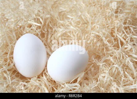 Two eggs laying on hay Stock Photo