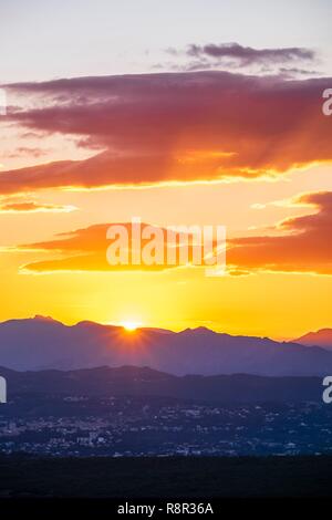 France, Ardeche, Mirabel, sunset over the Monts d'Ardeche Regional Nature Park Stock Photo