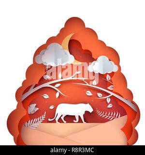Cartoon paper landscape. Tiger illustration. Stock Vector